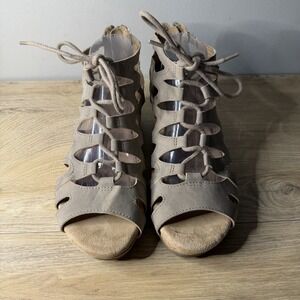Earth Origins Kayle Taupe Gladiator Sandals‎ Lace Up Cage Heel Boho Comfort 9
